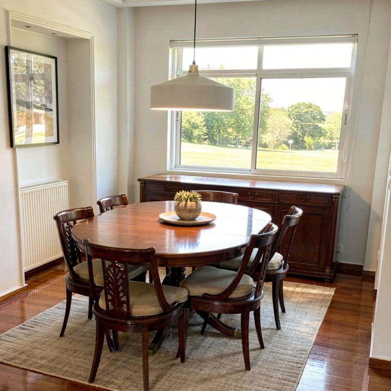 Dining area with round table, pendant light, and large window, Voula, Athens Riviera, Greece