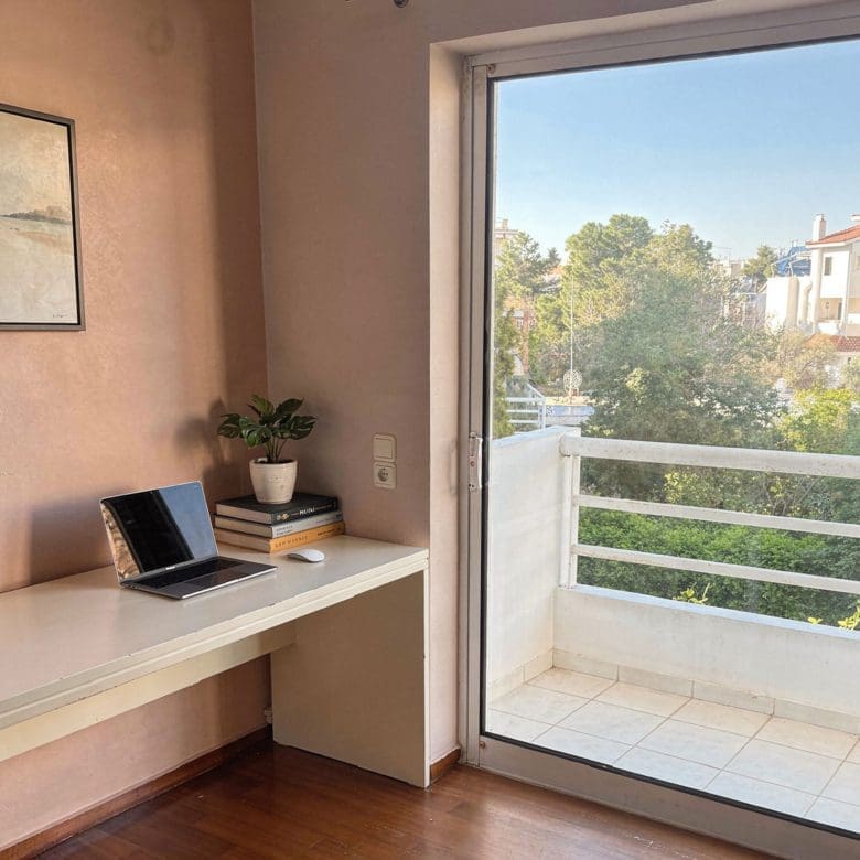 Home office nook with built-in desk and balcony door, Voula, Athens Riviera, Greece
