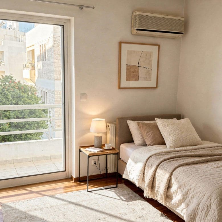 Bedroom with balcony door, sofa bed, and warm wood flooring, Voula, Athens Riviera, Greece