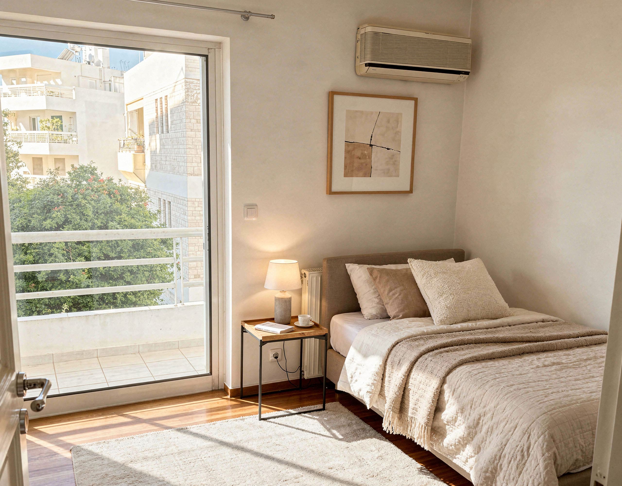 Voula Duplex 181 sqm – Bedroom With Balcony Door Bedroom with balcony door, sofa bed, and warm wood flooring, Voula, Athens Riviera, Greece