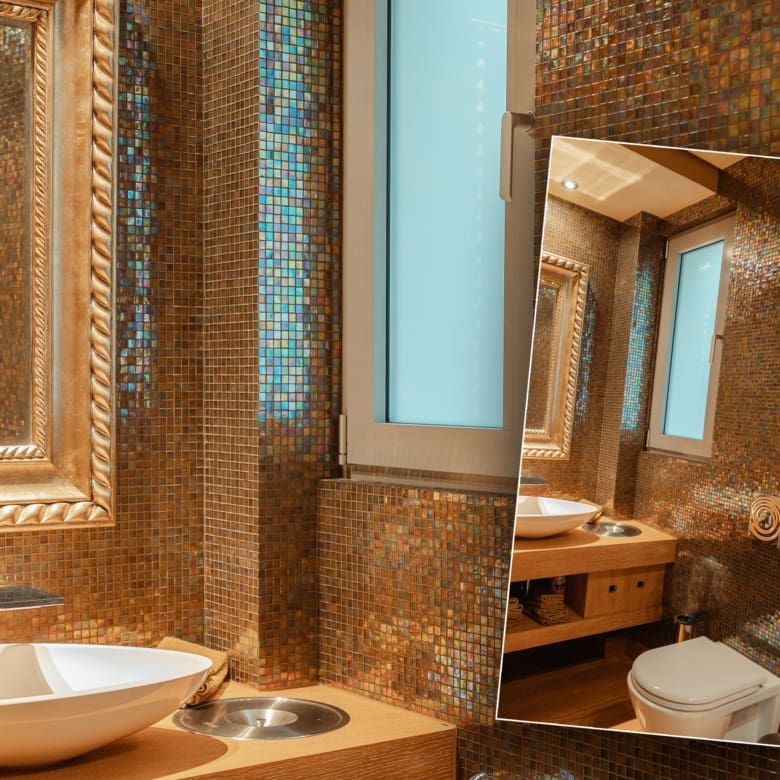 Bathroom with mosaic tile finishes and vanity at a private villa in Alimos, Athens Riviera