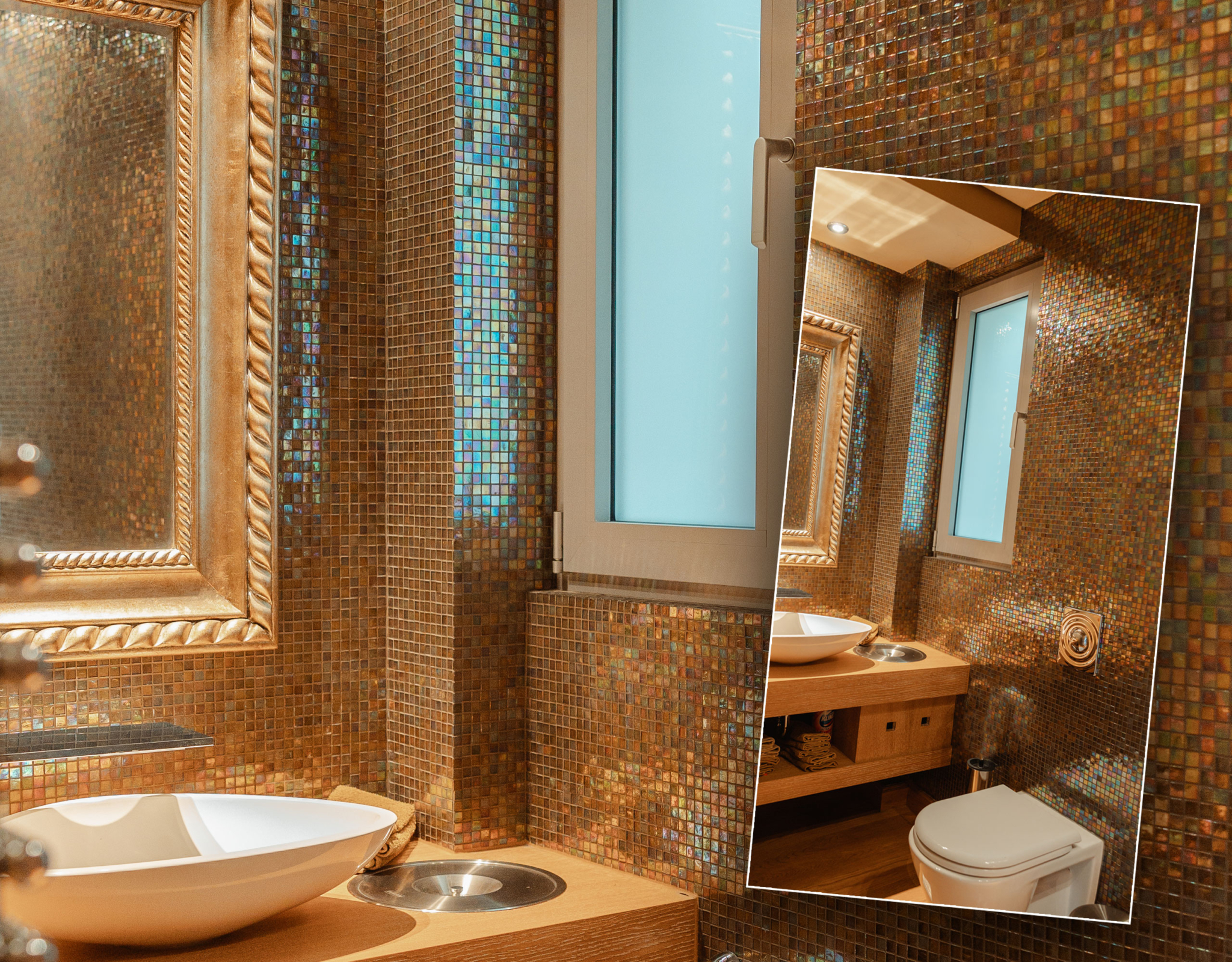 Bathroom with mosaic tile finishes and vanity at a private villa in Alimos, Athens Riviera