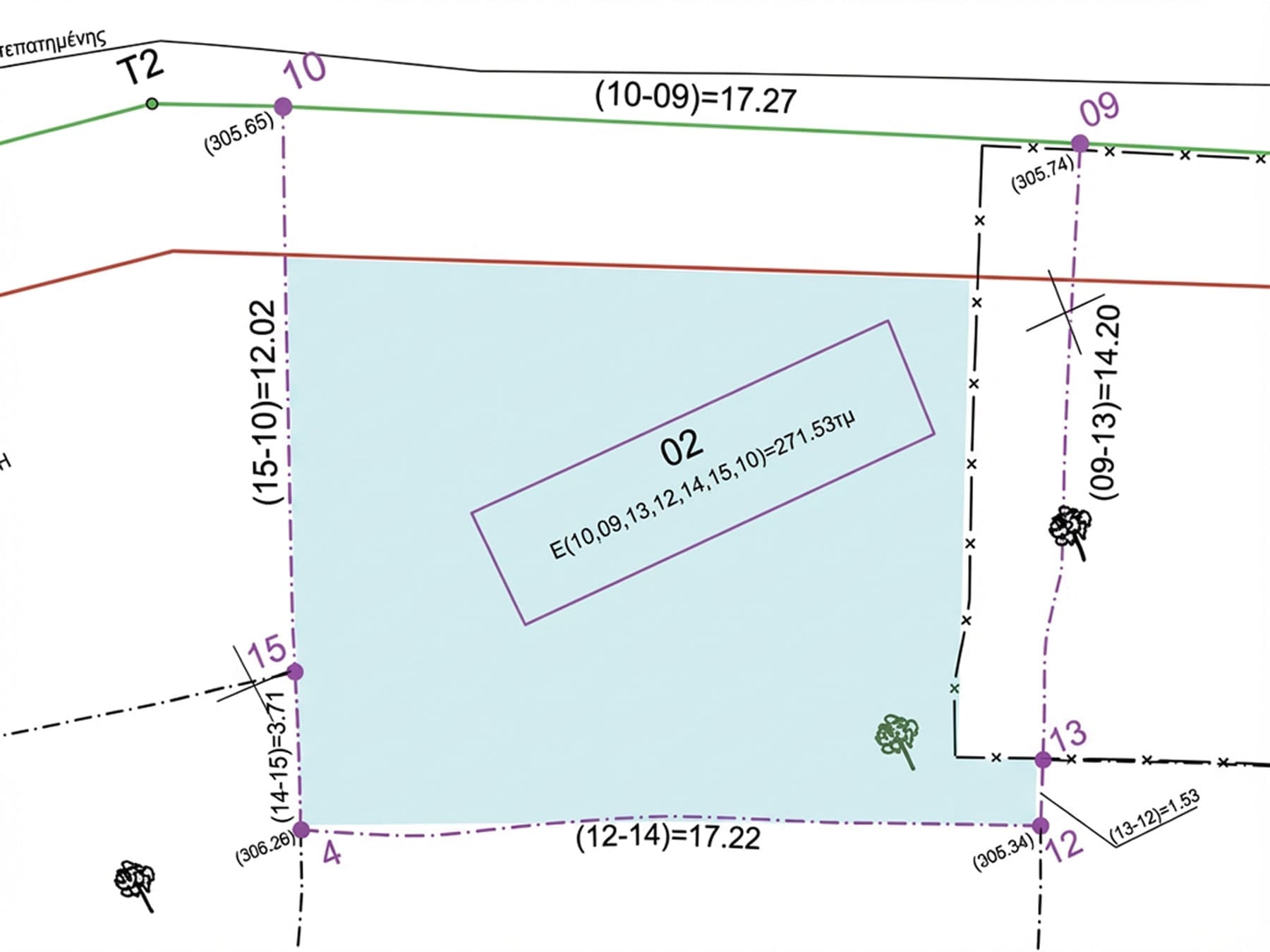 Survey plot plan diagram showing boundaries and dimensions, Chalandri, Athens, Greece