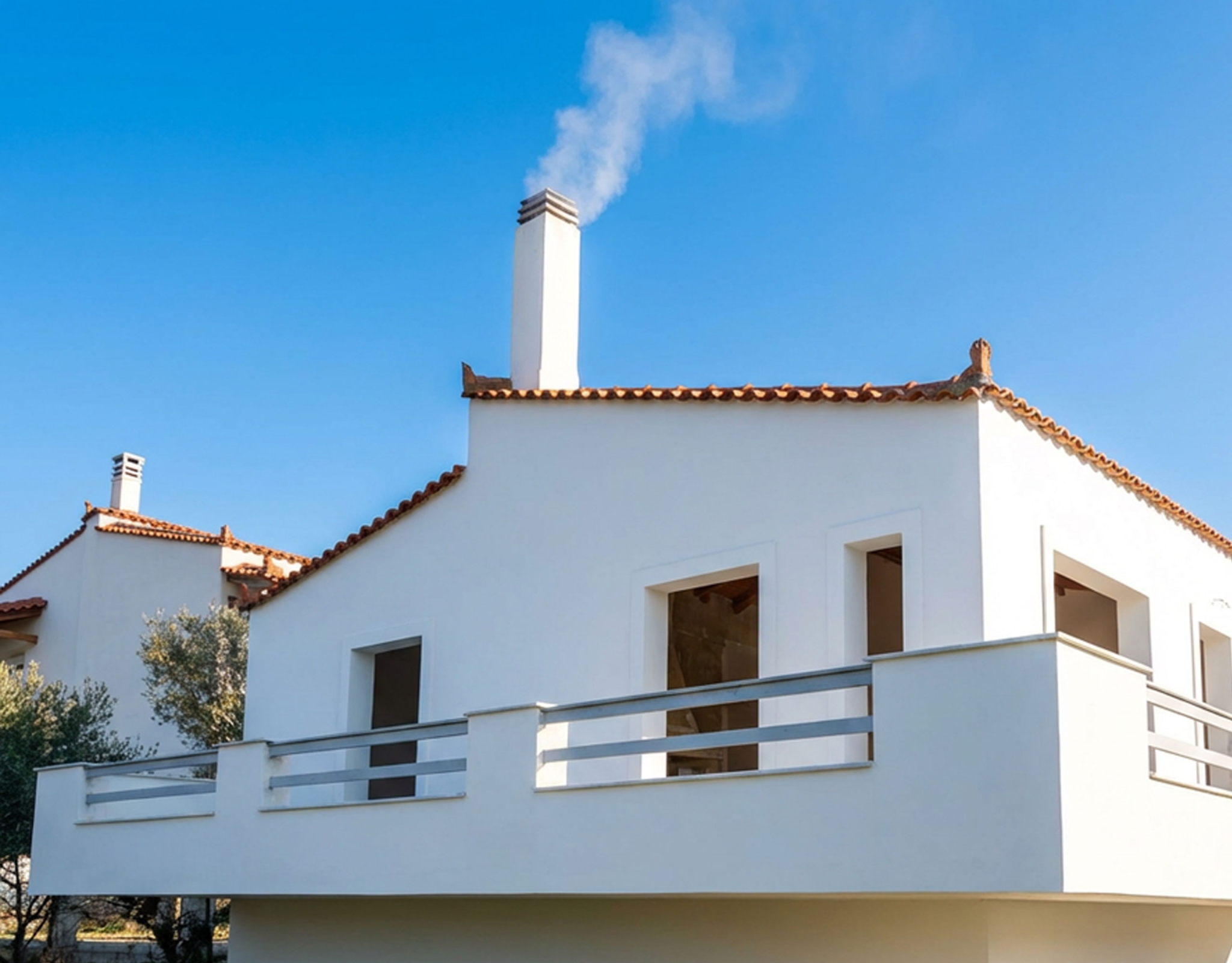 Exterior view of a detached house with white facade and balcony, Dilesi, Boeotia, Greece