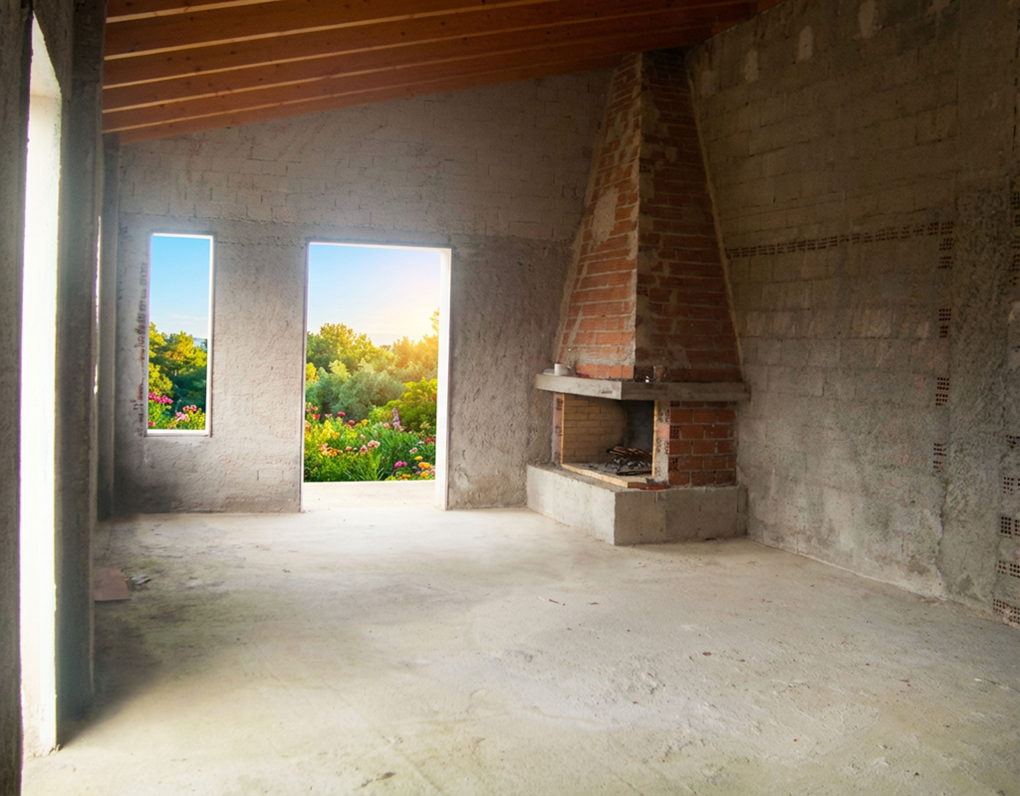 Unfinished interior space with built-in fireplace and open doorway to terrace, Dilesi, Boeotia, Greece