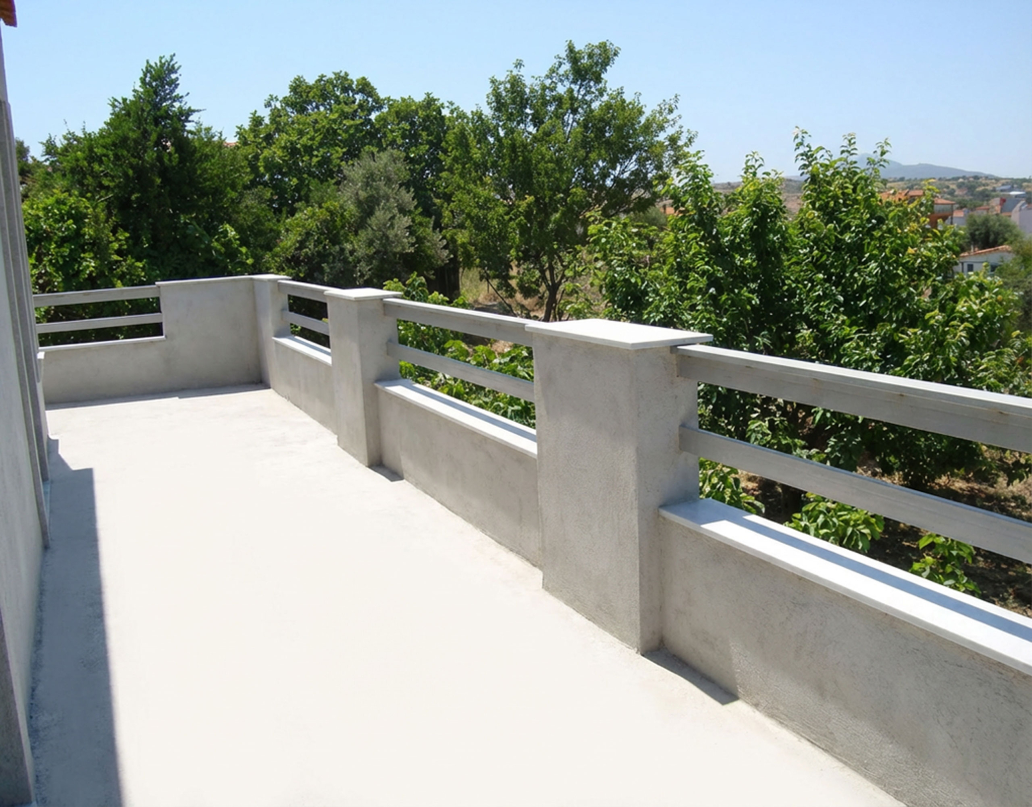 Balcony with railing and views over greenery, Dilesi, Boeotia, Greece
