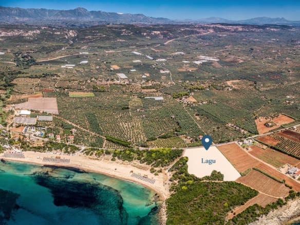 Aerial coastline view with land plot location marker near the beach, Messinia, Peloponnese, Greece
