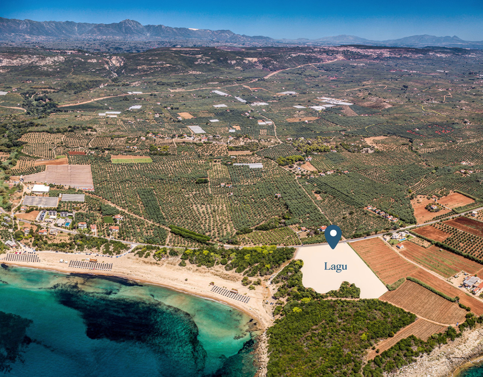 Aerial coastline view with land plot location marker near the beach, Messinia, Peloponnese, Greece