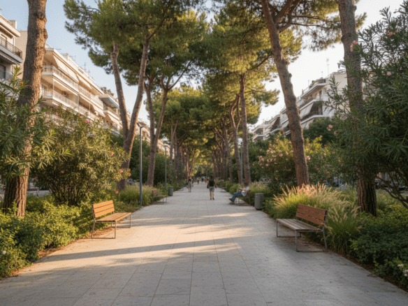 Green pedestrian walkway in Papagou–Cholargos with pine trees, benches, and a well-kept public space