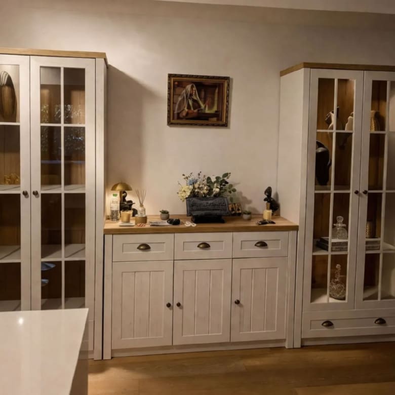 Console and display cabinet with decor in the living area, Porto Rafti, Greece