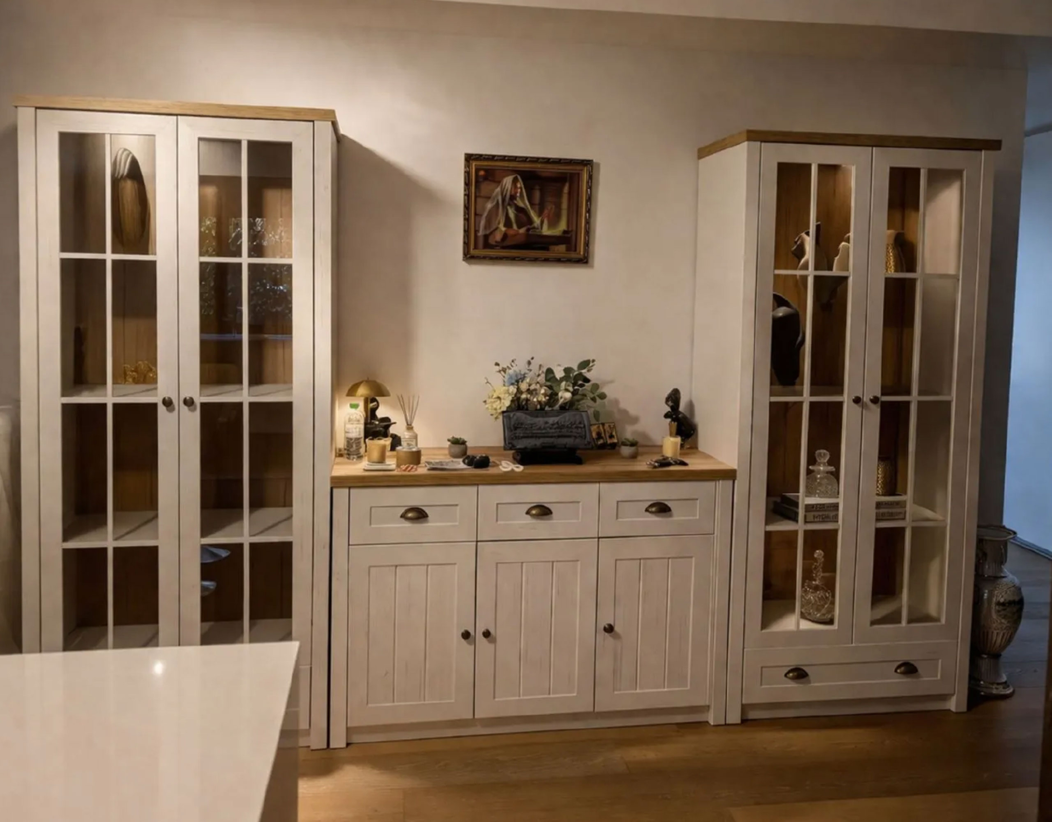 Console and display cabinet with decor in the living area, Porto Rafti, Greece