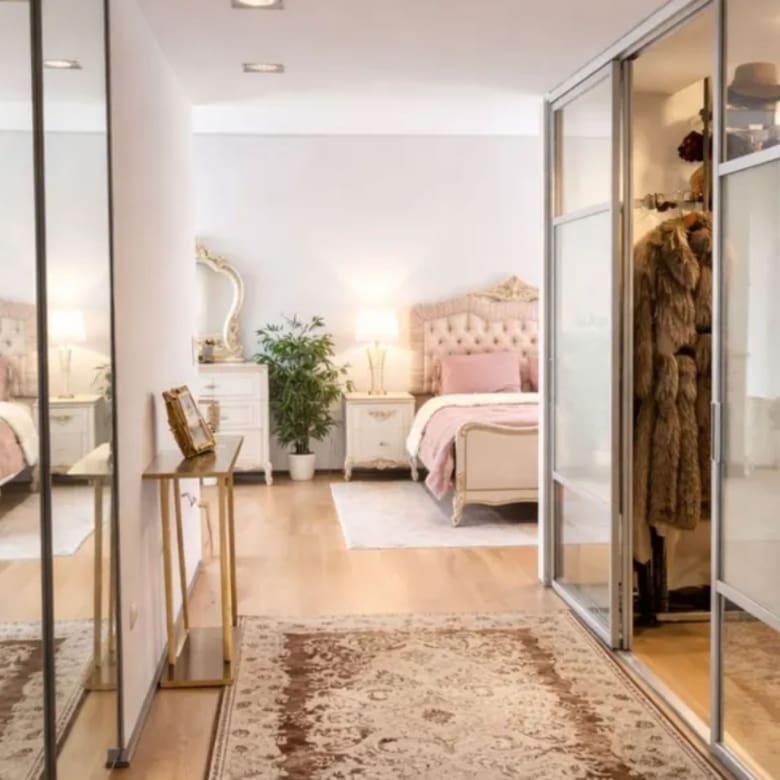 Bedroom with double bed and mirrored wardrobe doors, Porto Rafti, Greece