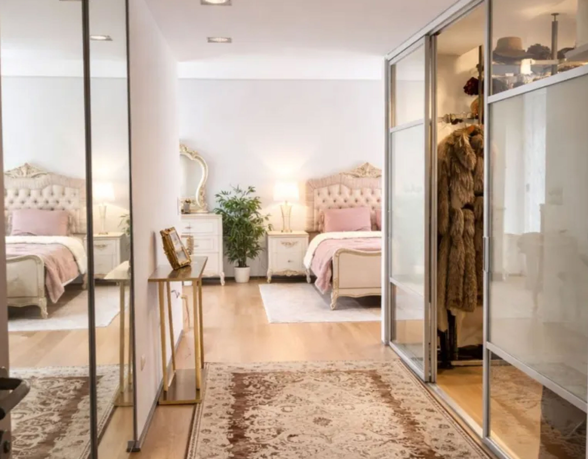 Bedroom with double bed and mirrored wardrobe doors, Porto Rafti, Greece