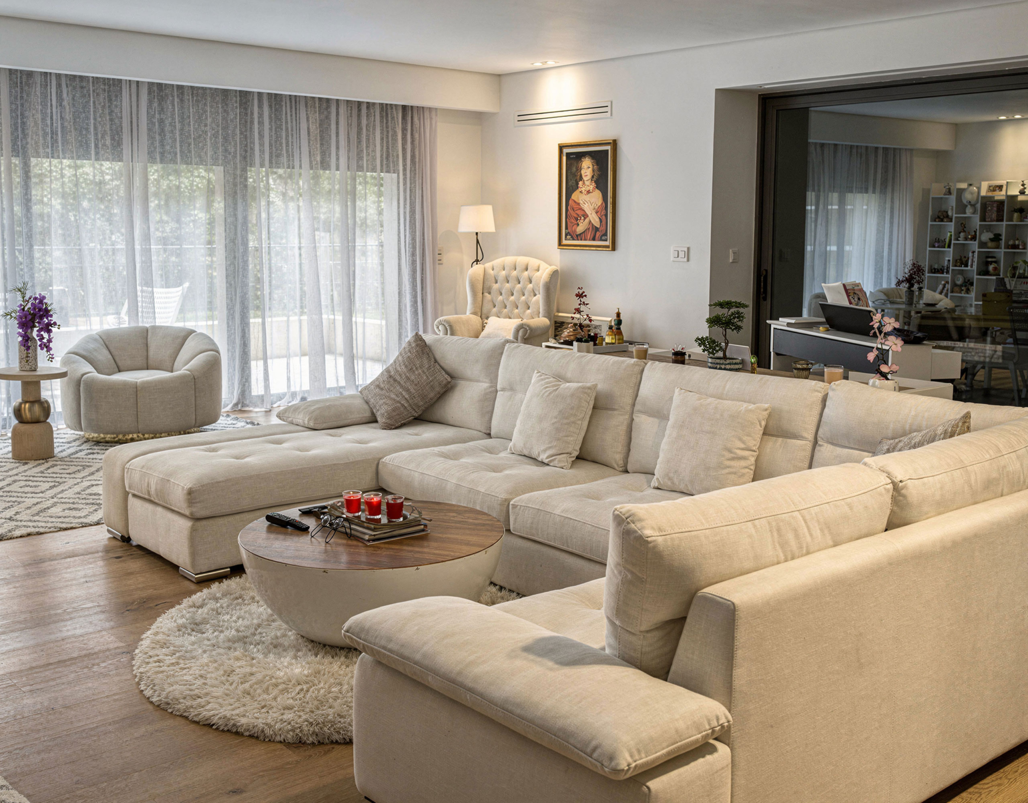 Living room with sectional sofa, coffee table, and soft ambient lighting, Porto Rafti, Greece