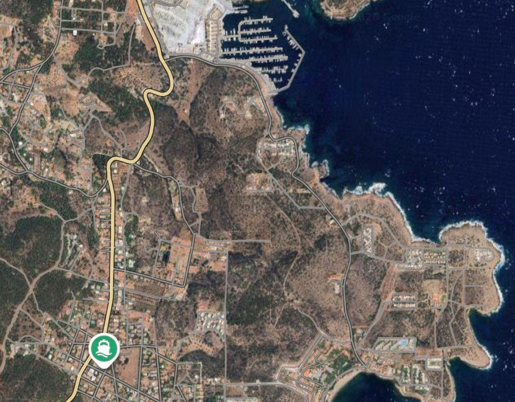 Satellite map view showing the surrounding area, coastline, and nearby marina, Athens Riviera, Greece