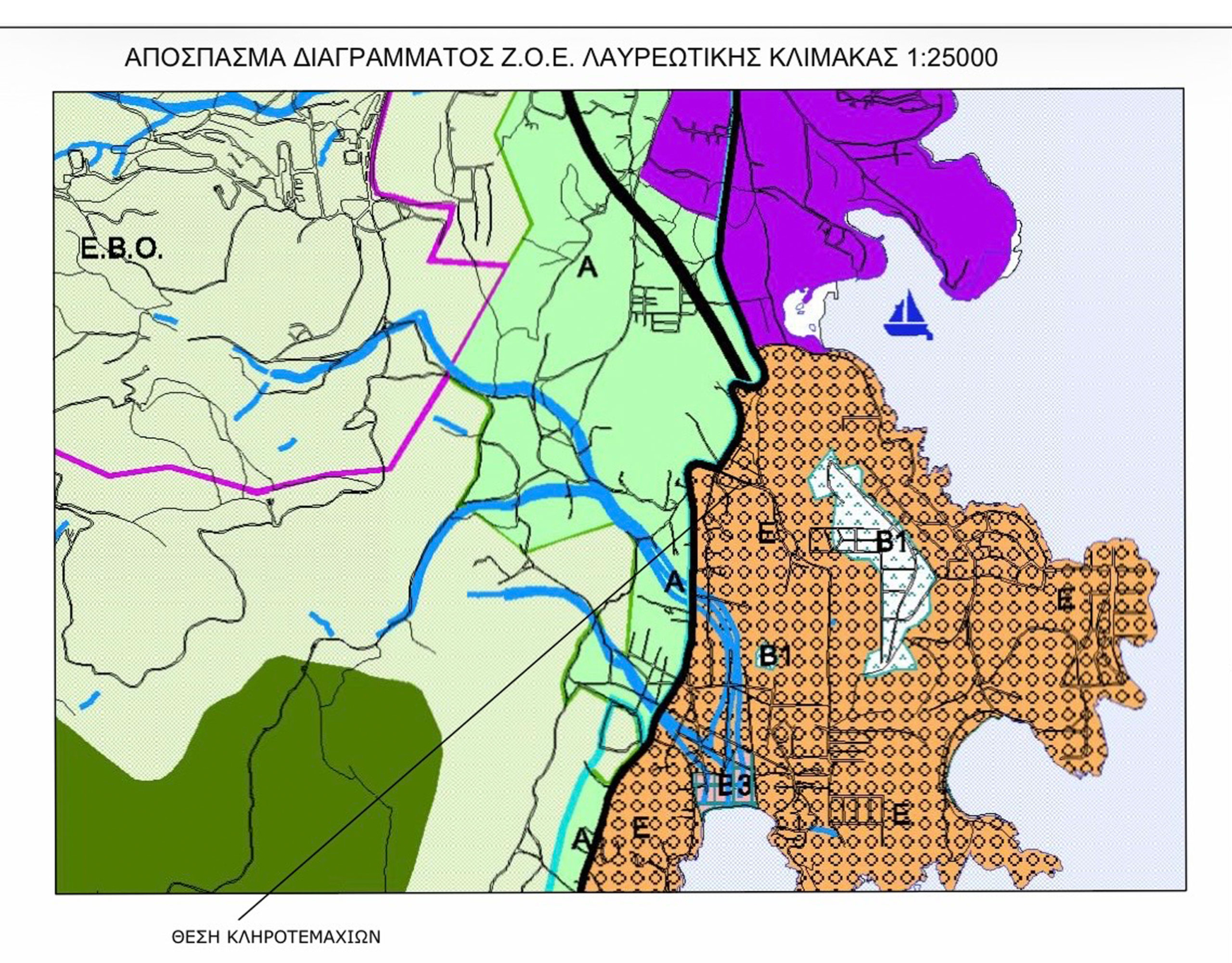 Land-use zoning map excerpt (Lavreotiki scale 1:25,000) showing the plot location, Athens Riviera, Greece