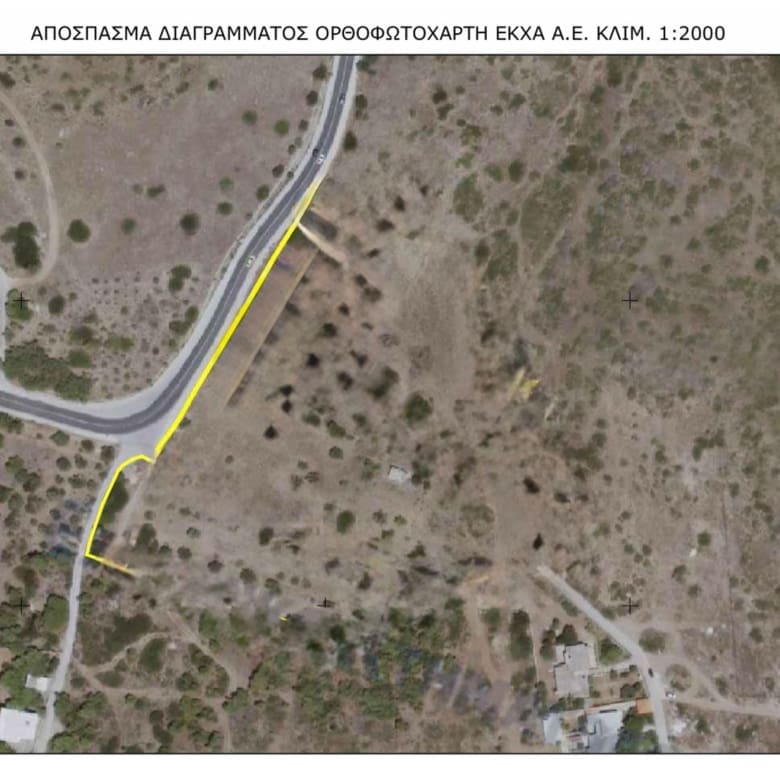 Orthophoto map excerpt (scale 1:2,000) showing road access and highlighted route to the plot, Athens Riviera, Greece