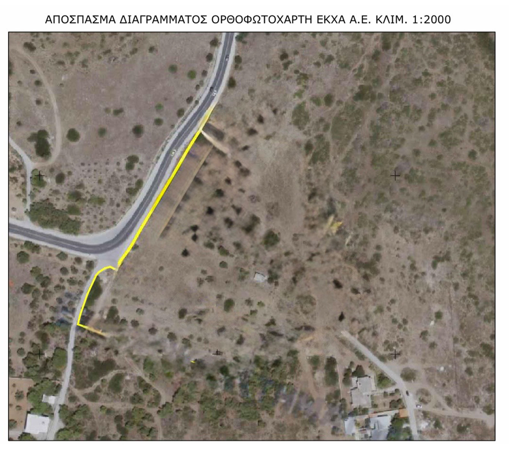 Orthophoto map excerpt (scale 1:2,000) showing road access and highlighted route to the plot, Athens Riviera, Greece