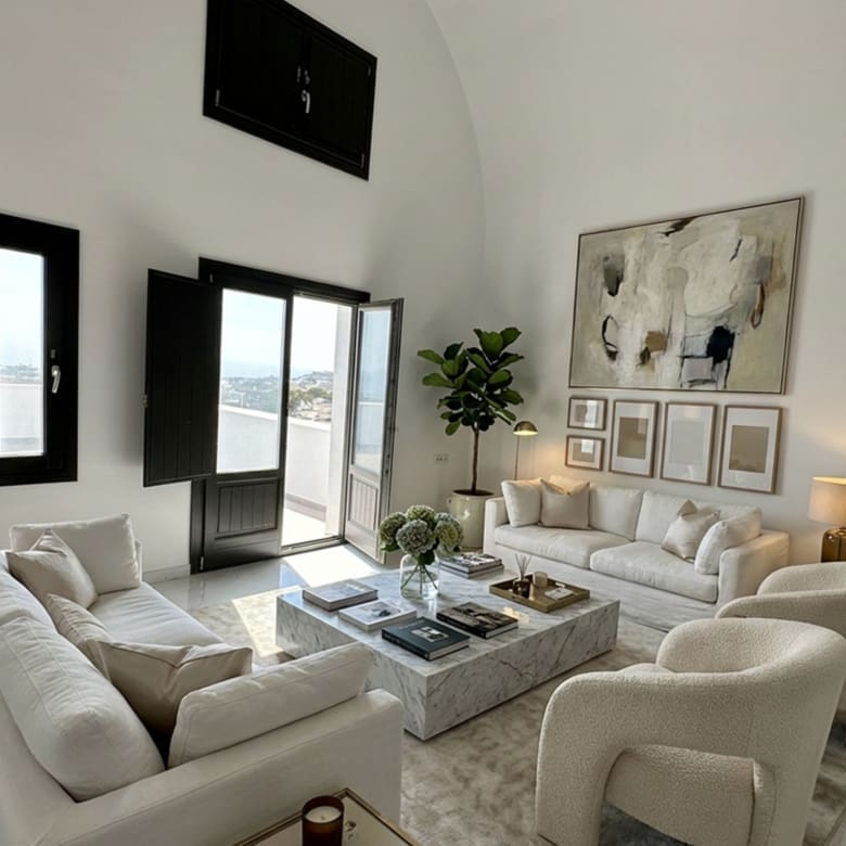 Living room interior of the Exo Gonia sea-view apartment, Santorini