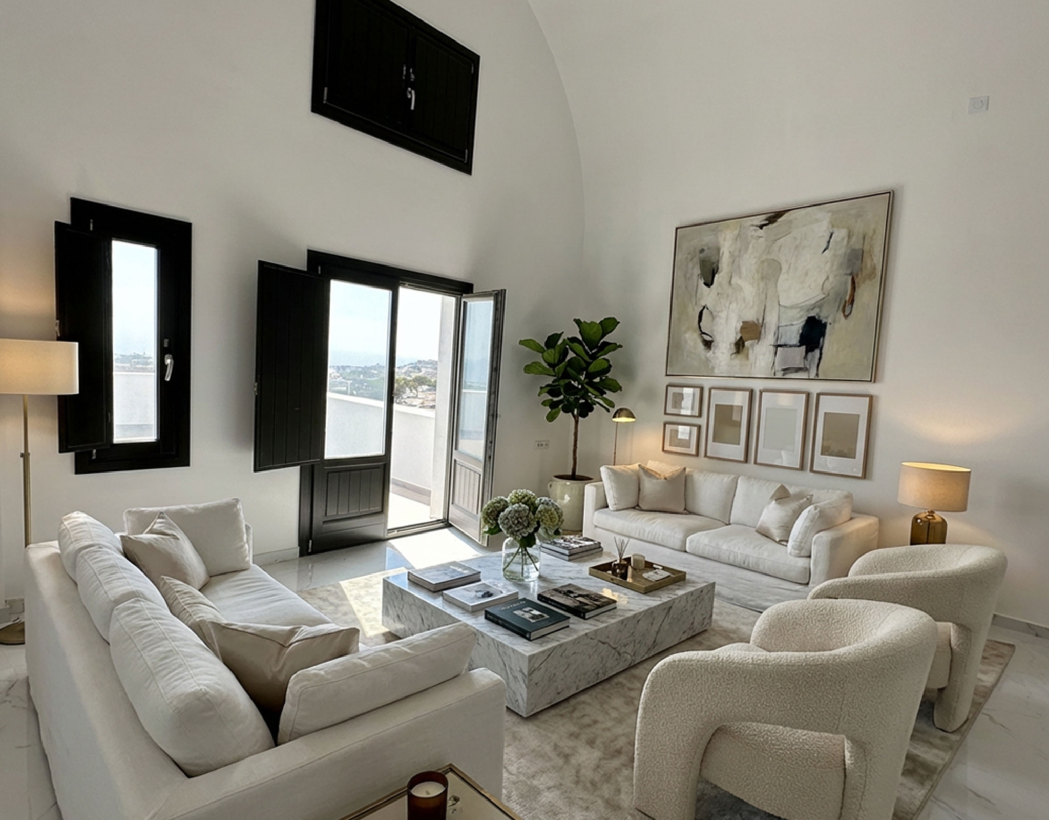 Living room interior of the Exo Gonia sea-view apartment, Santorini