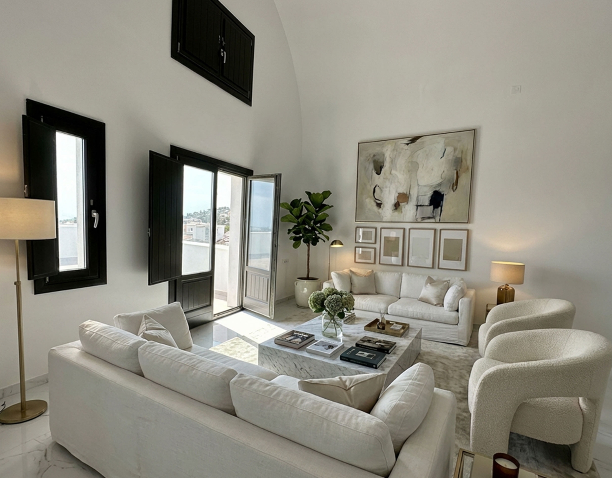 Open-plan living area view in the Exo Gonia apartment, Santorini