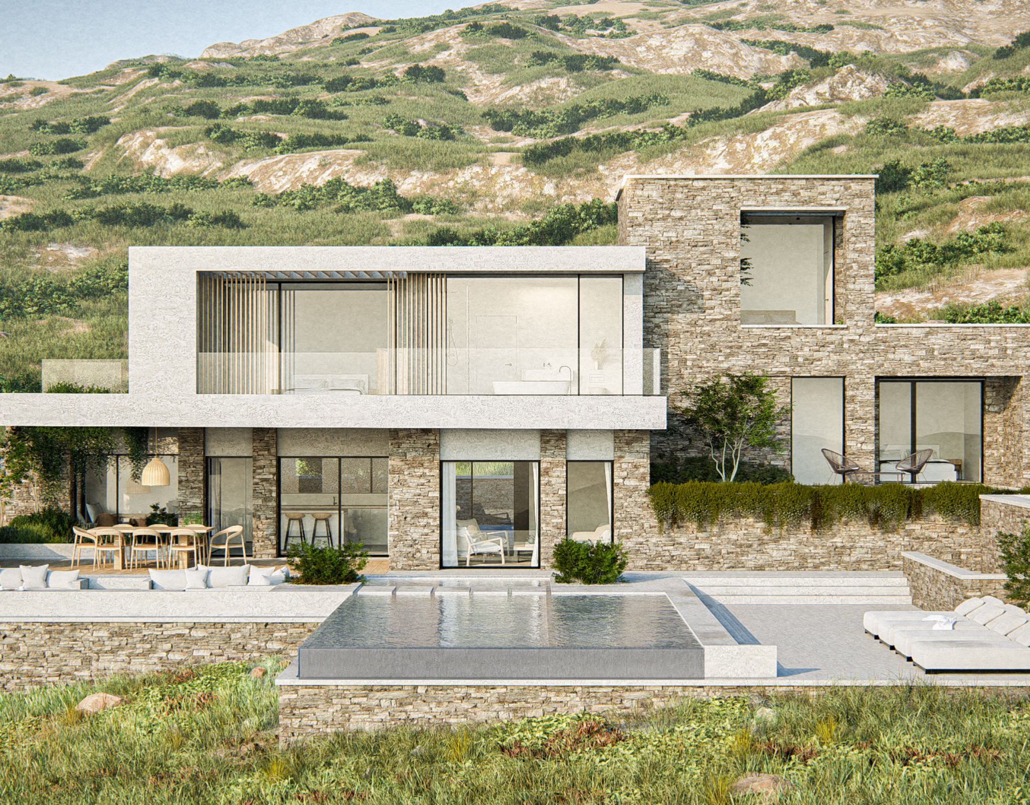 The Pebble House Tinos – Pool & Main Façade Modern villa façade with swimming pool at The Pebble House, Tinos, Cyclades