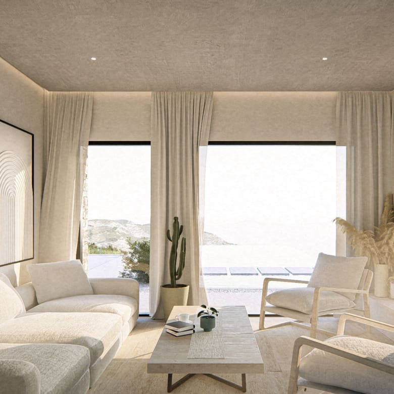 Living room with sea view and natural light at The Pebble House, Tinos, Cyclades