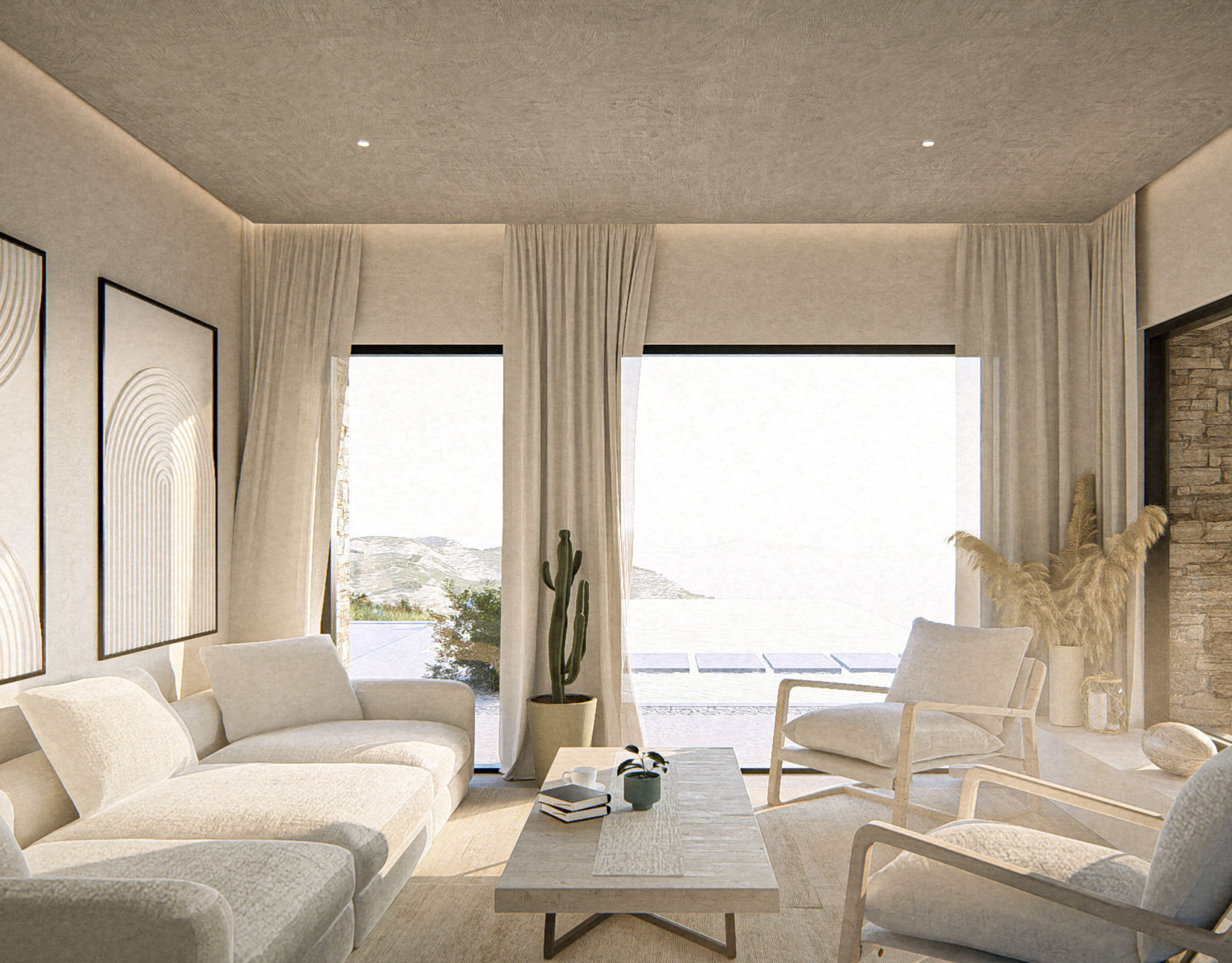 The Pebble House Tinos – Living Room with Aegean View Living room with sea view and natural light at The Pebble House, Tinos, Cyclades