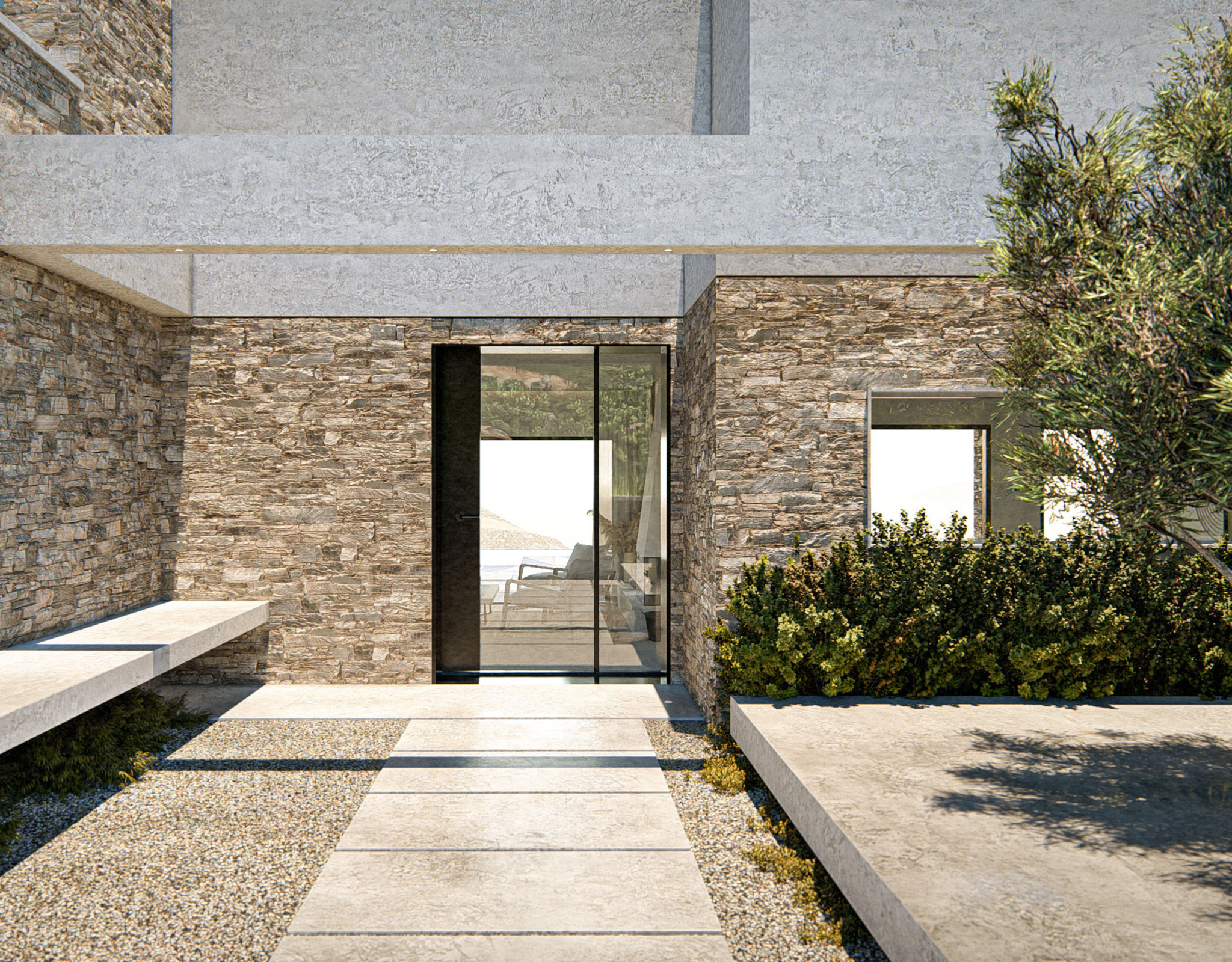 The Pebble House Tinos – Entrance Walkway Stone-clad exterior entrance walkway at The Pebble House, Tinos, Cyclades