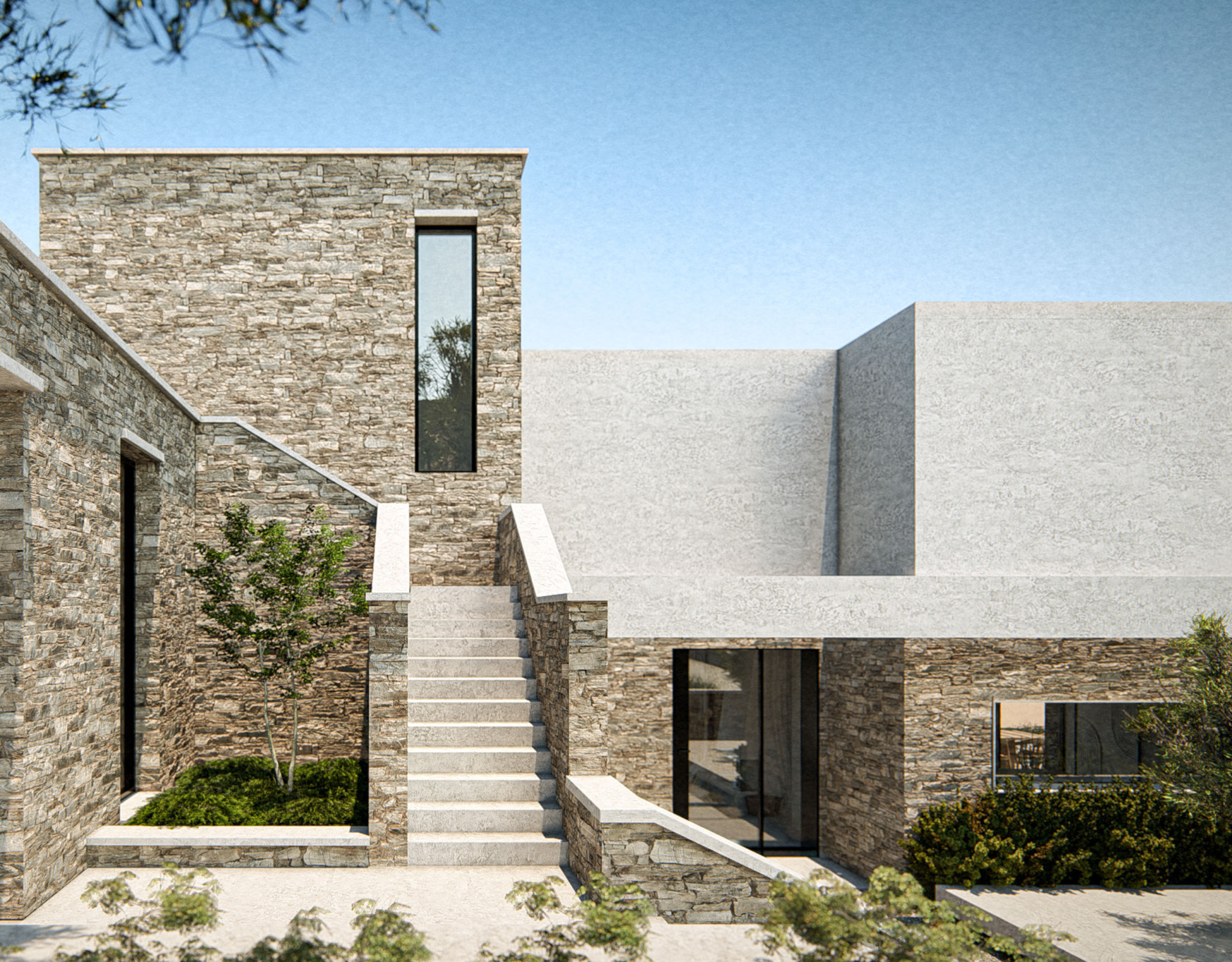 The Pebble House Tinos – Stone Entrance & Steps Stone exterior entrance and staircase at The Pebble House, Tinos, Cyclades