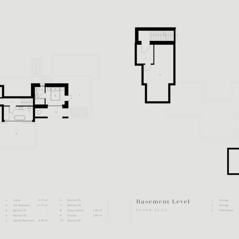 First floor and basement level floor plans of The Pebble House villa, Tinos, Cyclades