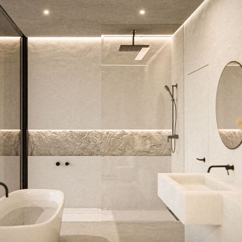 Minimal bathroom with walk-in shower at The Pebble House, Tinos, Cyclades