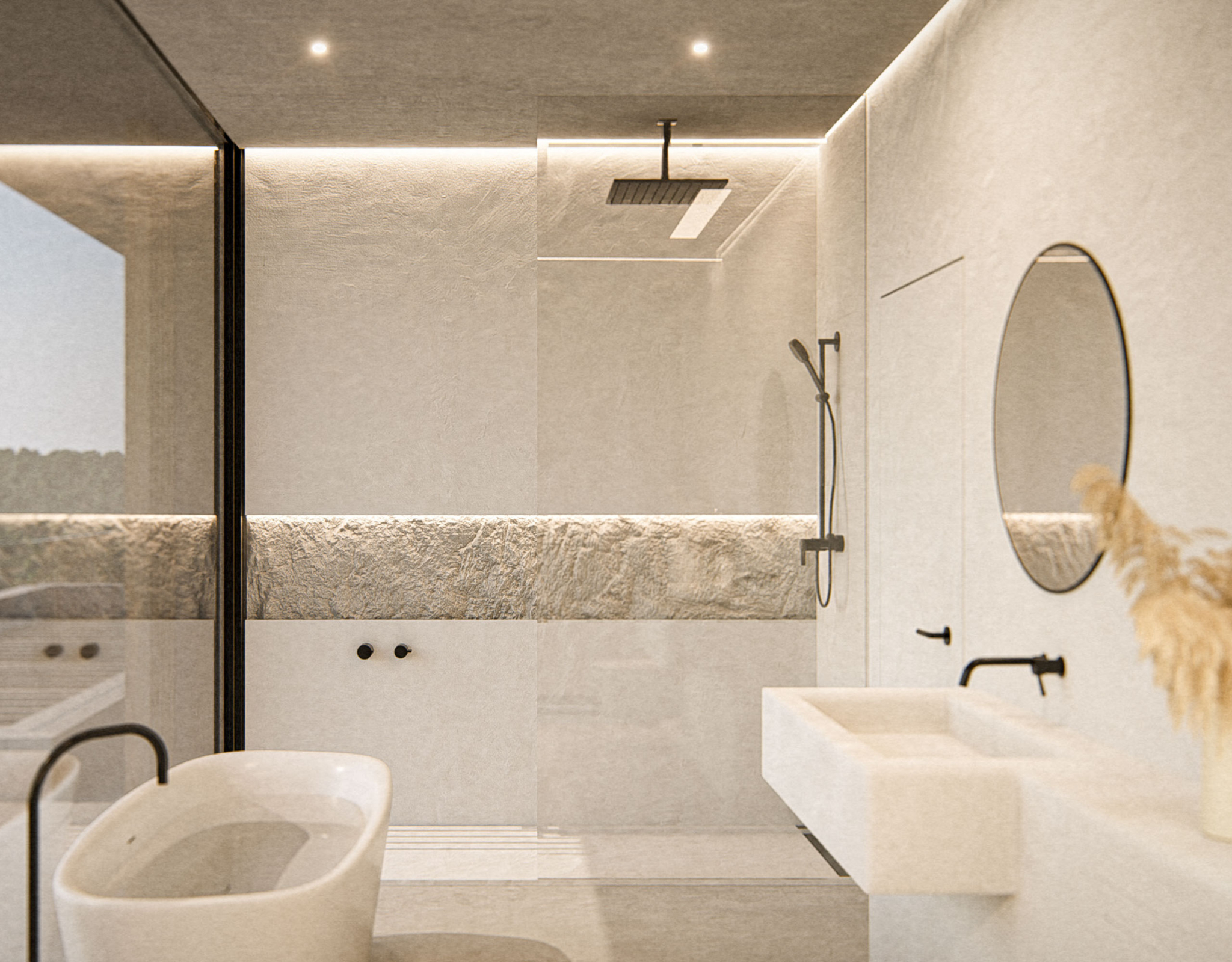 The Pebble House Tinos – Bathroom with Walk-In Shower Minimal bathroom with walk-in shower at The Pebble House, Tinos, Cyclades