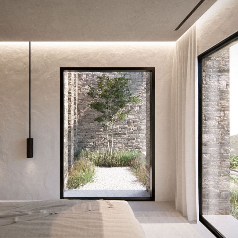 Minimal interior corridor with large openings at The Pebble House, Tinos, Cyclades