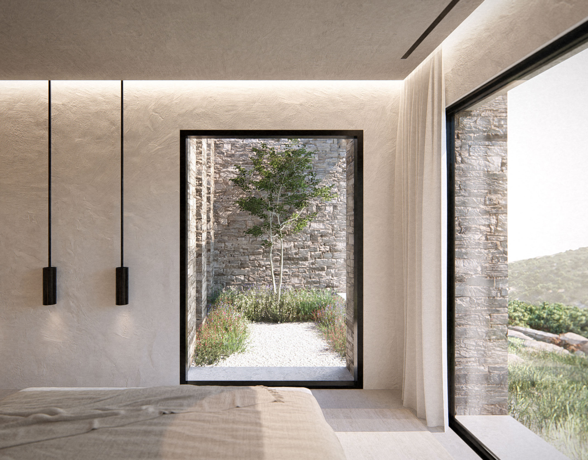 The Pebble House Tinos – Minimal Interior Passage Minimal interior corridor with large openings at The Pebble House, Tinos, Cyclades