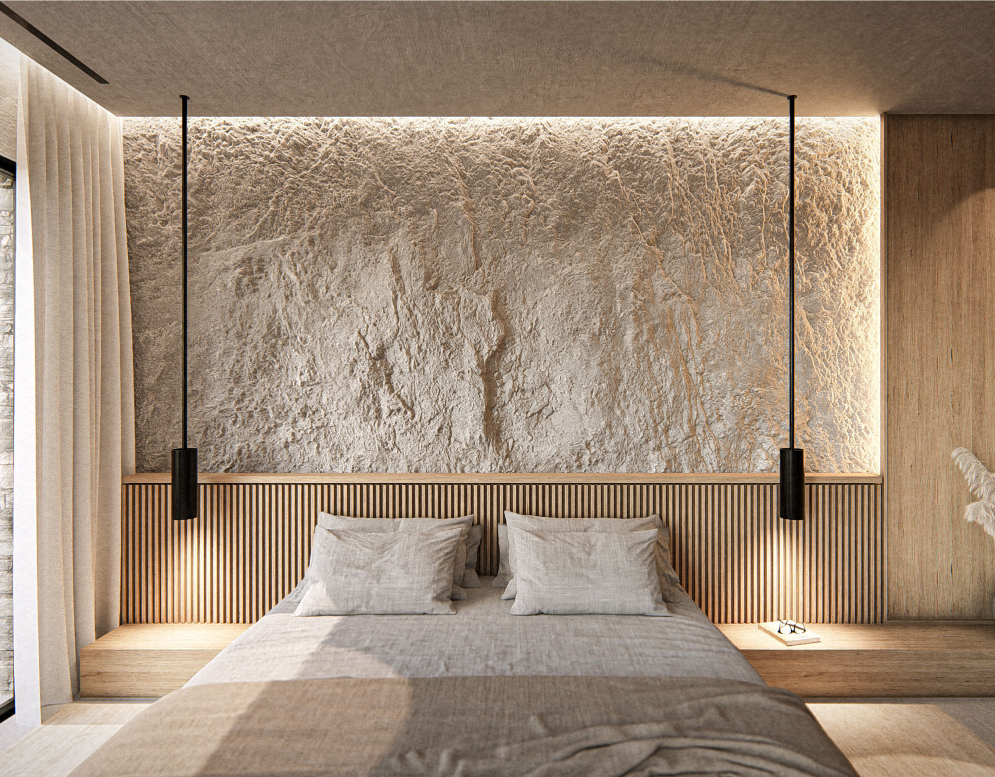 The Pebble House Tinos – Bedroom Interior Minimal bedroom with textured wall and warm lighting at The Pebble House, Tinos, Cyclades