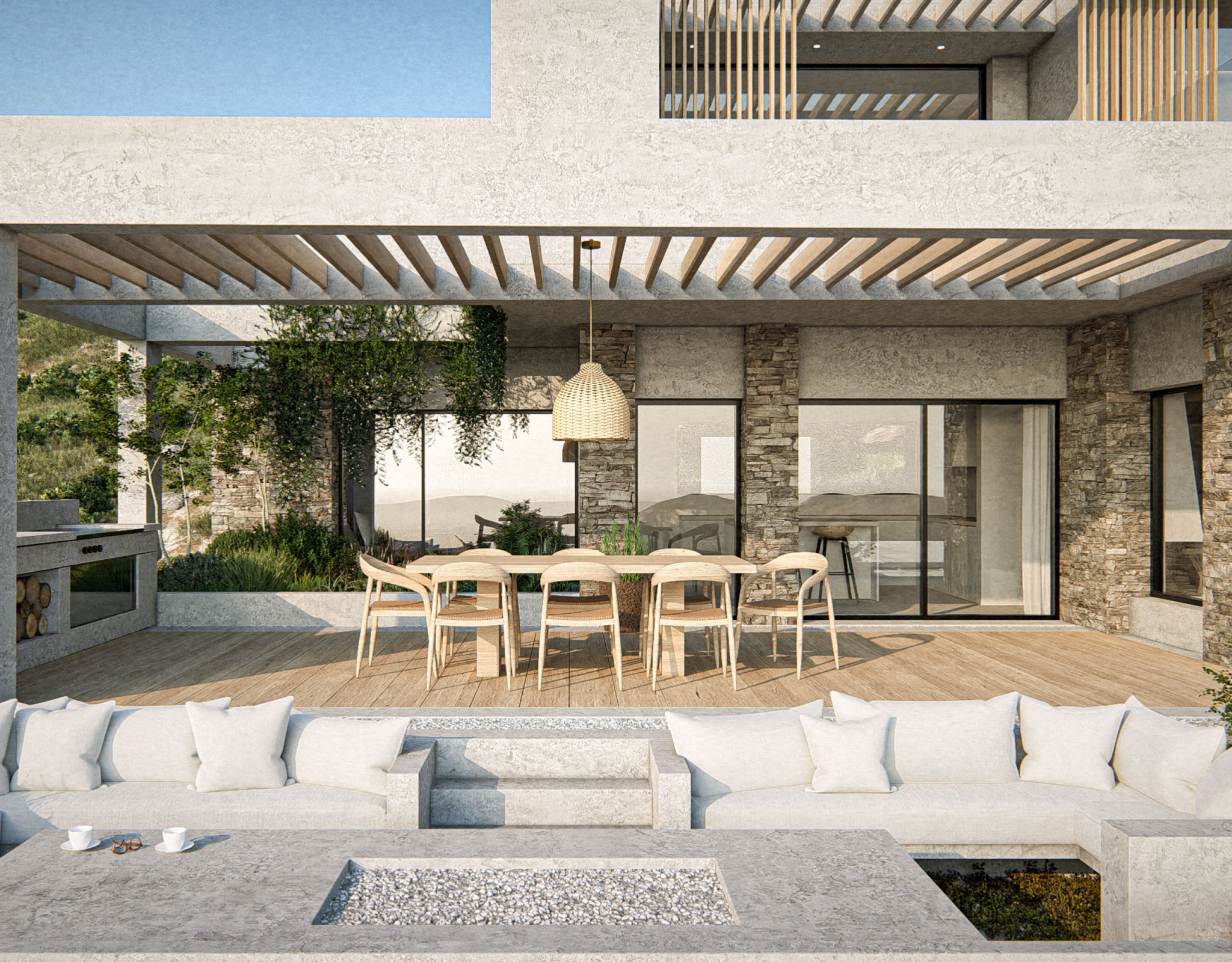 The Pebble House Tinos – Outdoor Dining Terrace Outdoor lounge and dining terrace with pergola at The Pebble House, Tinos, Cyclades