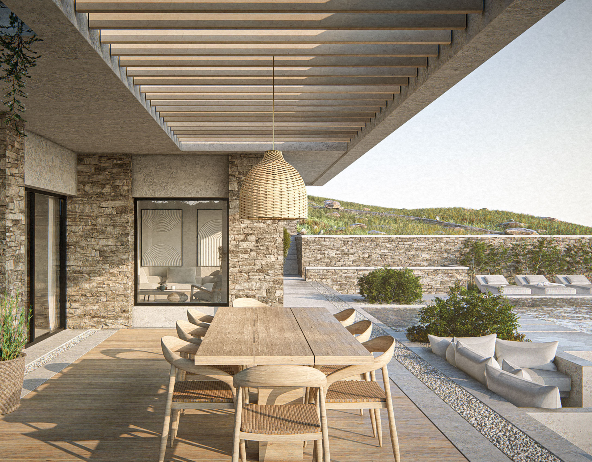 The Pebble House Tinos – Pergola Dining with Sea View Outdoor dining terrace with pergola and sea view at The Pebble House, Tinos, Cyclades