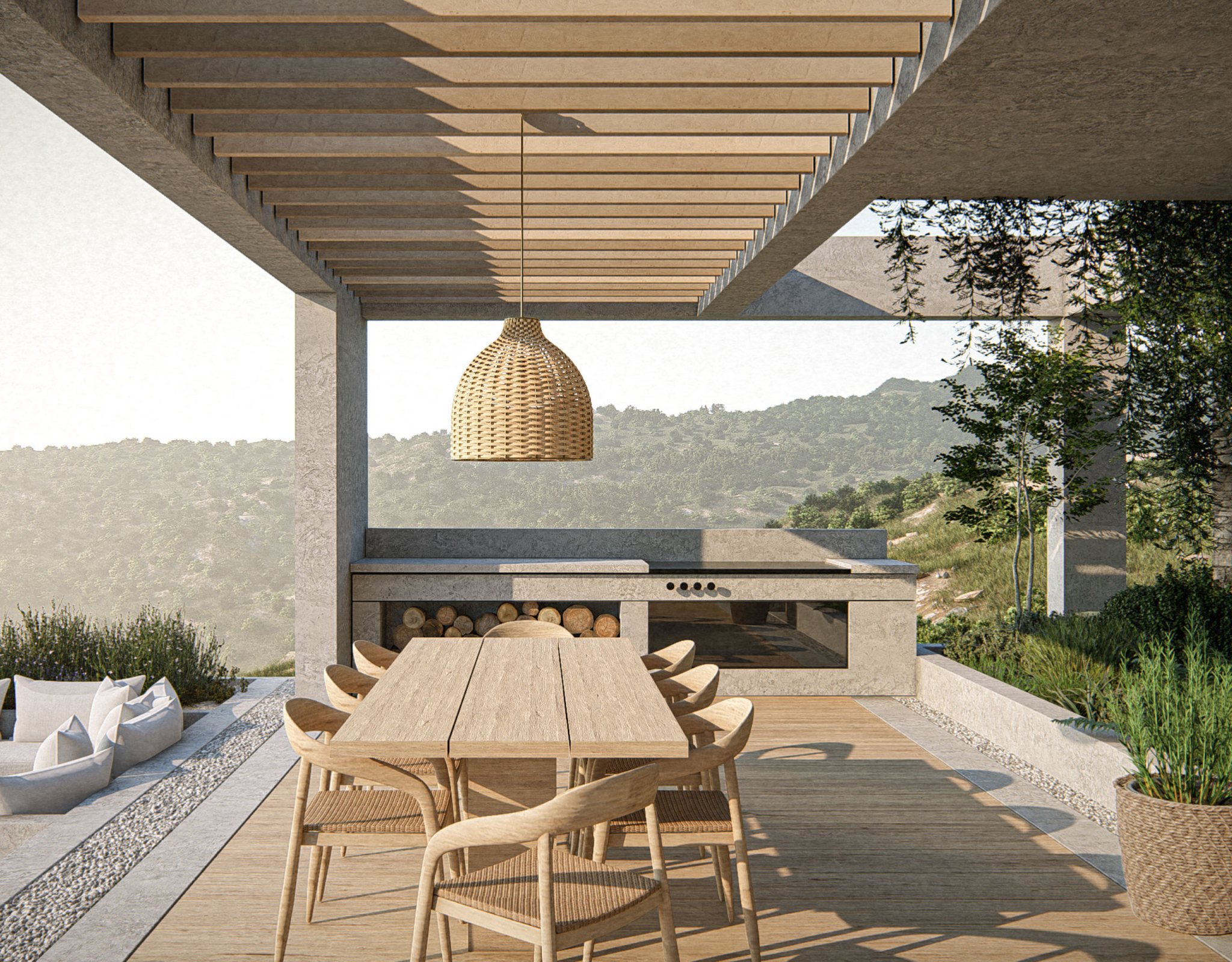 The Pebble House Tinos – Covered Outdoor Dining & BBQ Covered outdoor dining area with built-in BBQ at The Pebble House, Tinos, Cyclades