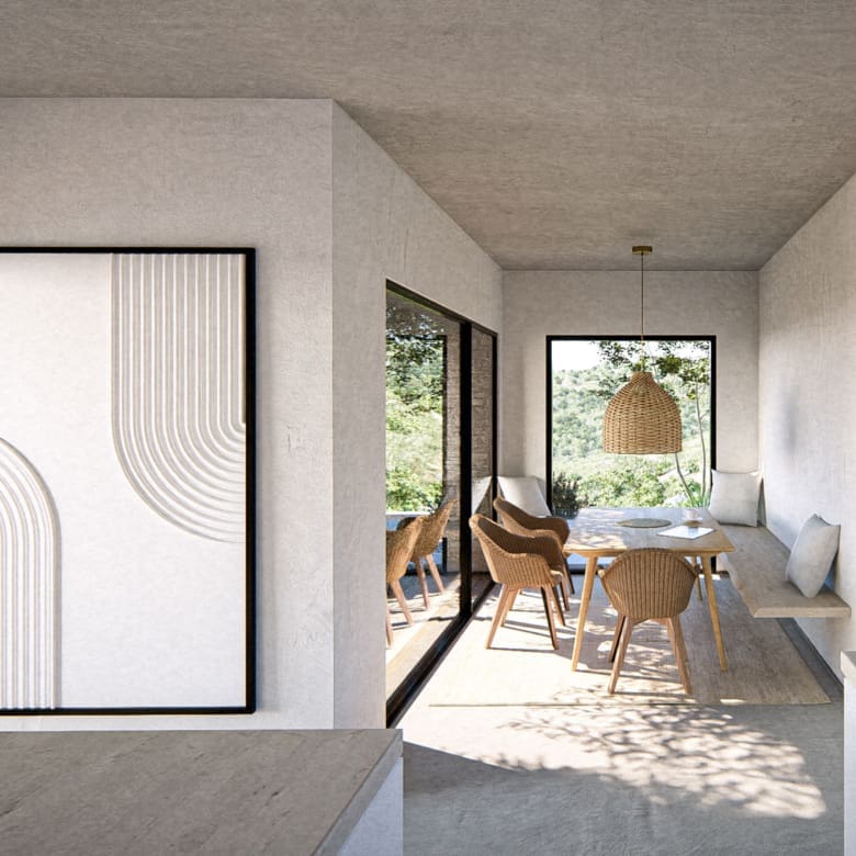 Minimal interior passage leading to dining area at The Pebble House, Tinos, Cyclades