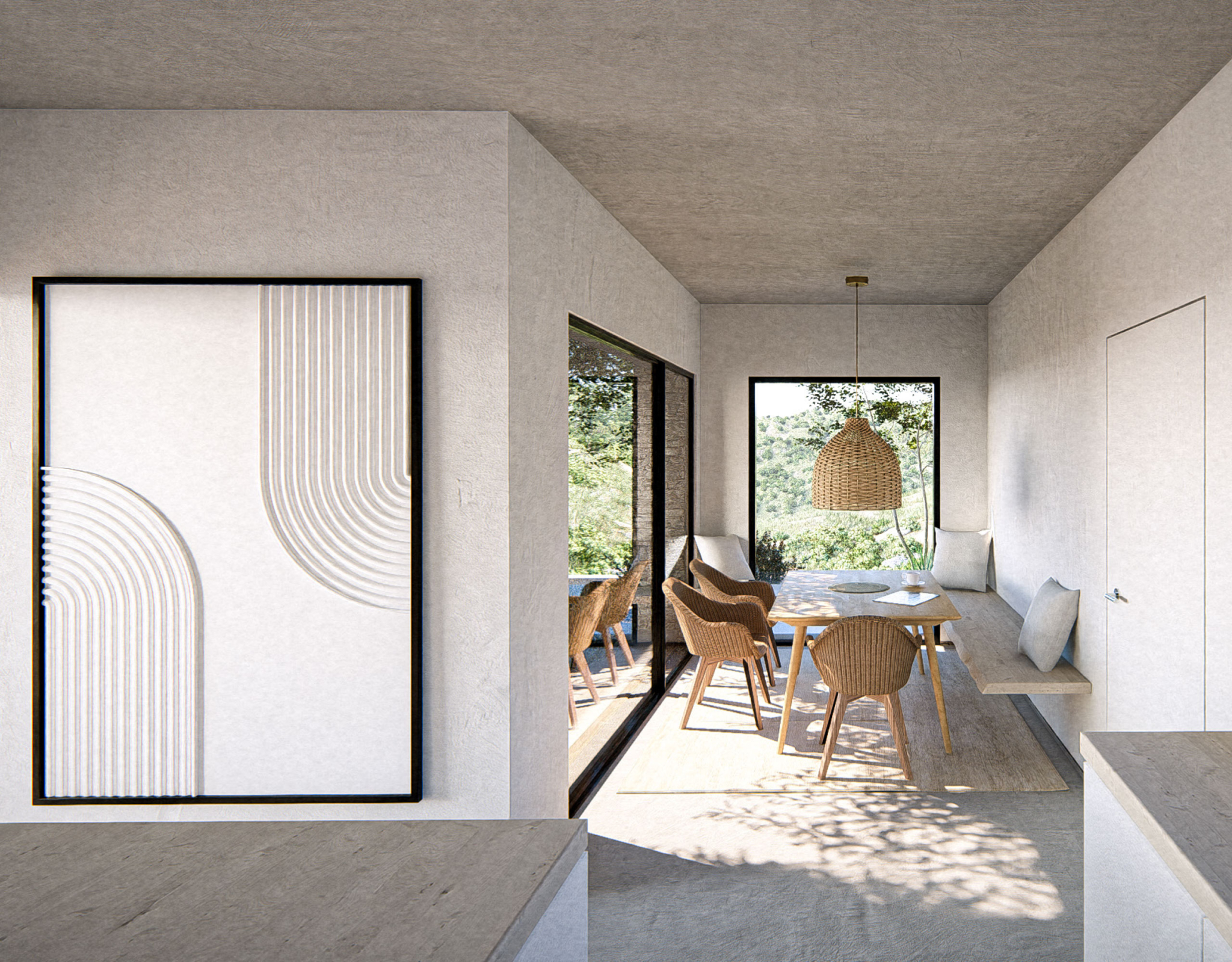 The Pebble House Tinos – Interior Passage to Dining Minimal interior passage leading to dining area at The Pebble House, Tinos, Cyclades