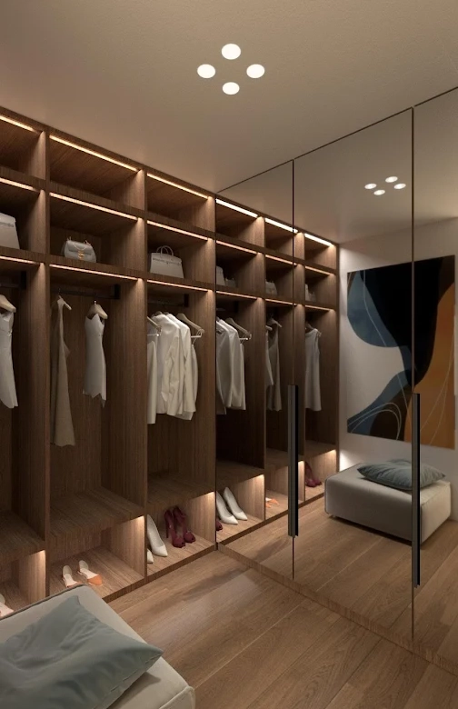 Walk-in closet with built-in wardrobes at a luxury residence in Voula, Athens Riviera
