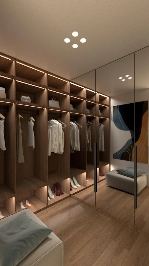 Voula Residence – Walk-In Closet with Built-In Wardrobes Walk-in closet with built-in wardrobes at a luxury residence in Voula, Athens Riviera