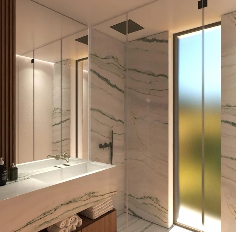 Modern bathroom with double vanity and walk-in shower at a luxury residence in Voula, Athens Riviera