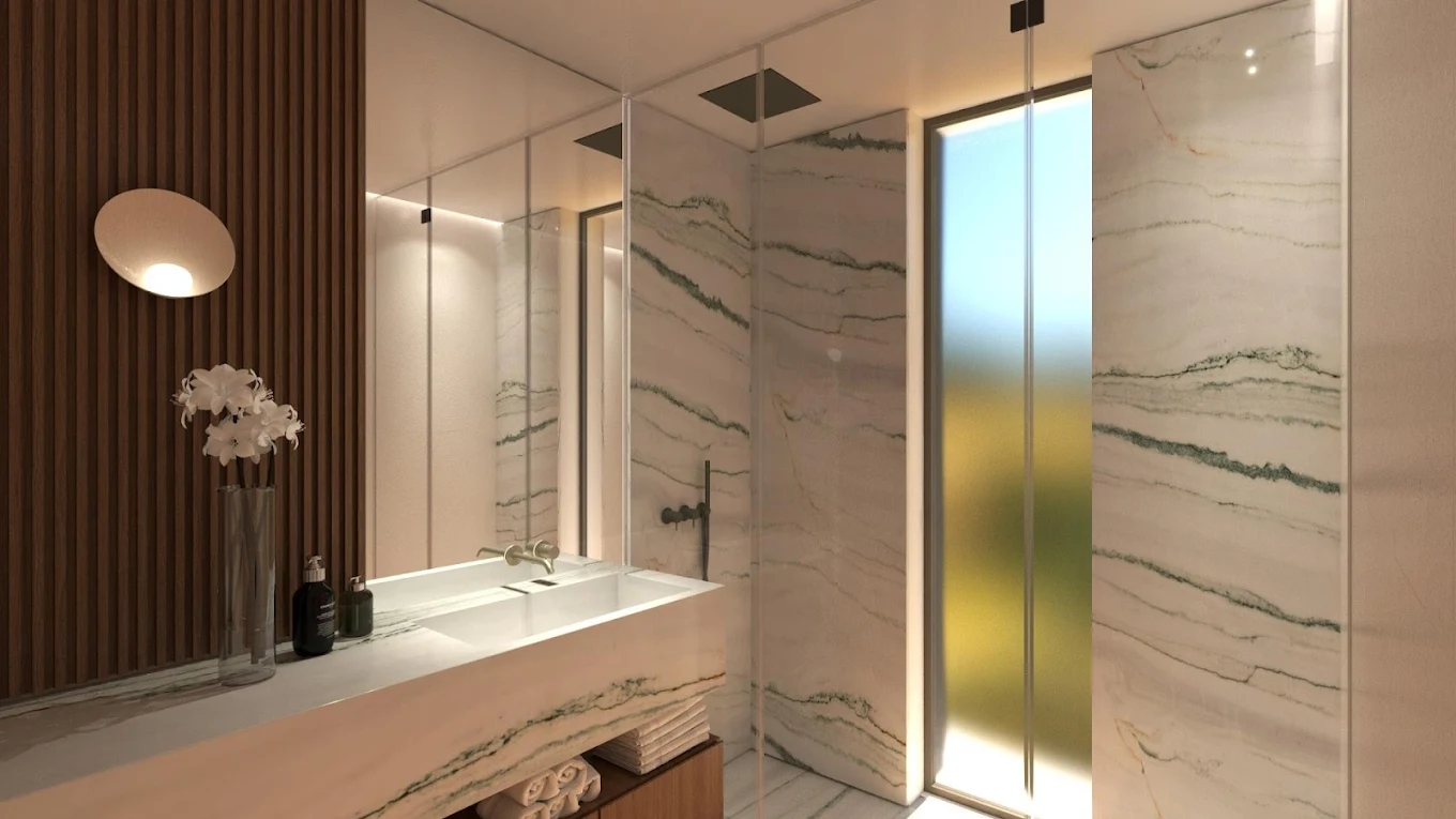 Voula Residence – Bathroom with Double Vanity Modern bathroom with double vanity and walk-in shower at a luxury residence in Voula, Athens Riviera