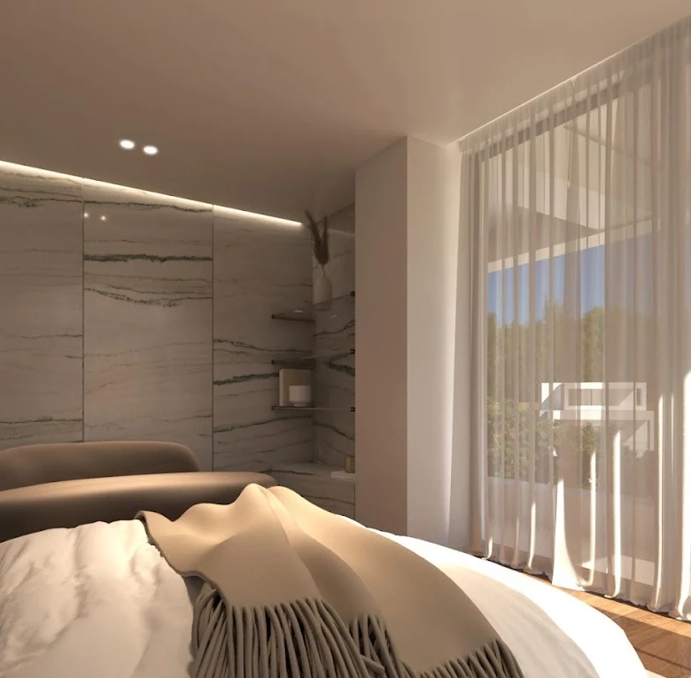 Bedroom with natural light and sheer curtains at a luxury residence in Voula, Athens Riviera