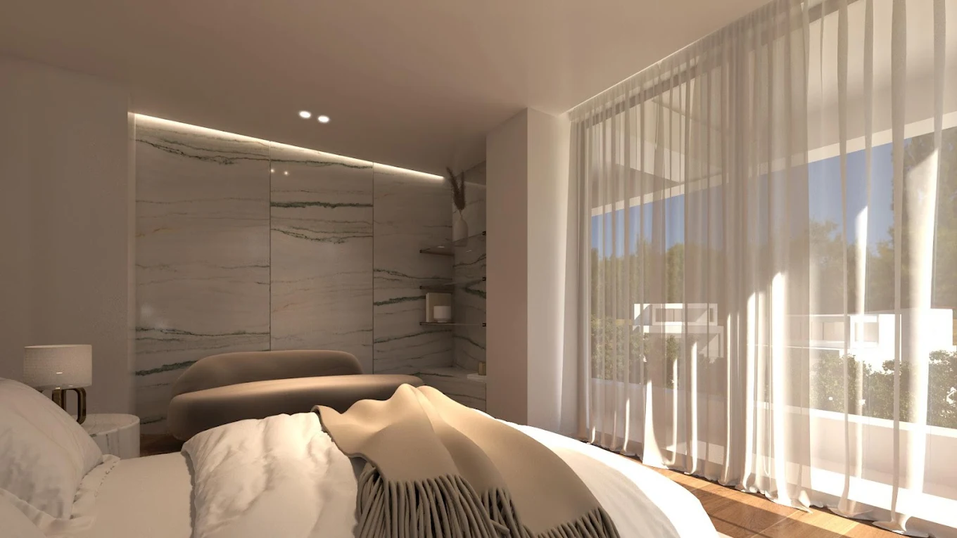 Voula Residence – Bedroom with Natural Light Bedroom with natural light and sheer curtains at a luxury residence in Voula, Athens Riviera