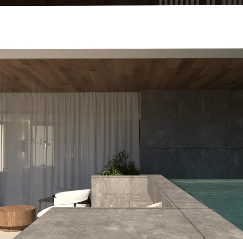 Covered outdoor lounge terrace at a luxury residence in Voula, Athens Riviera