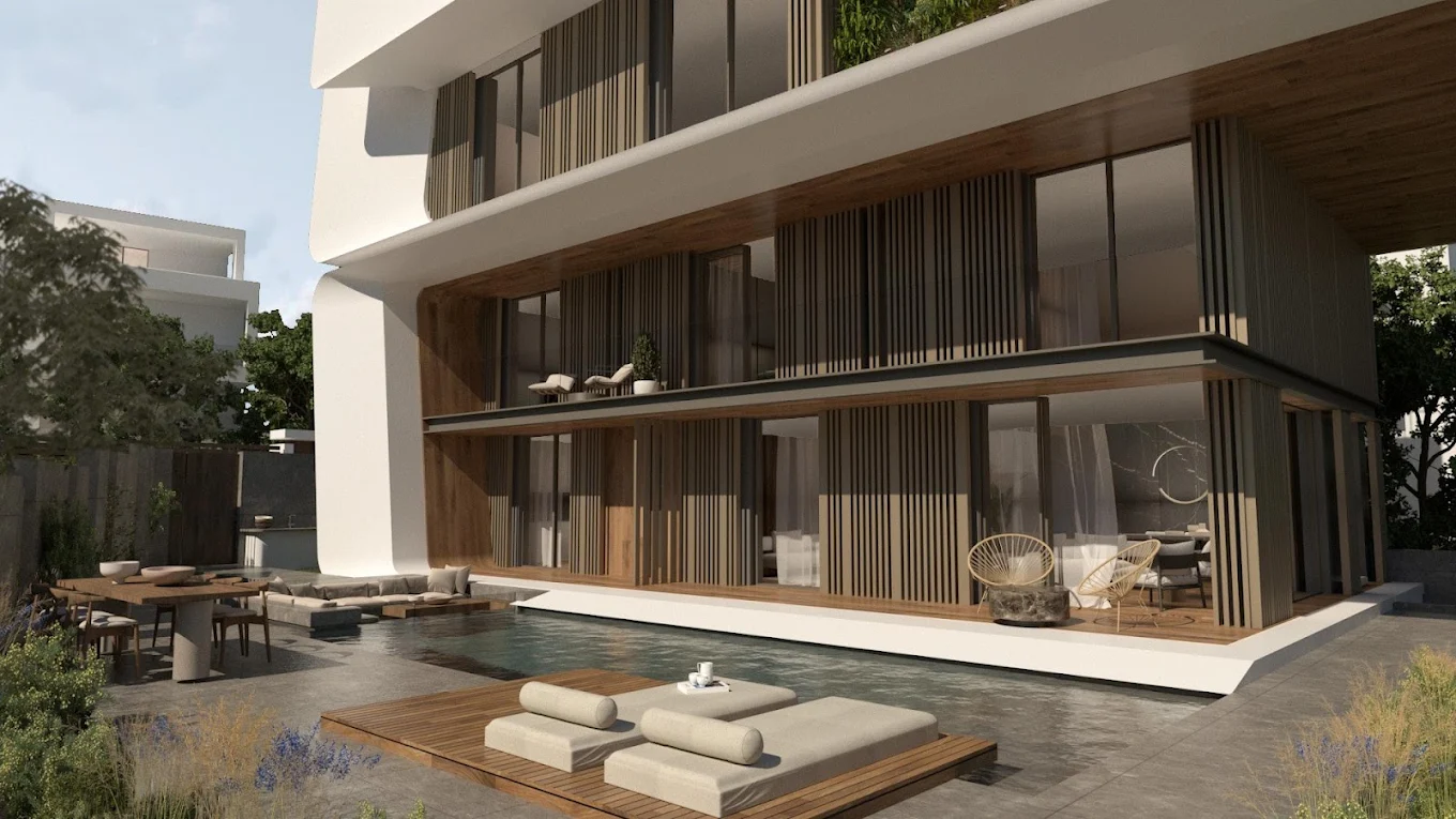 Modern residence exterior with terrace and pool edge in Voula, Athens Riviera