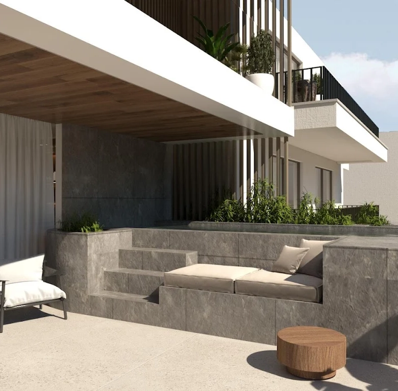 Open terrace seating area at a sea-view residence in Voula, Athens Riviera